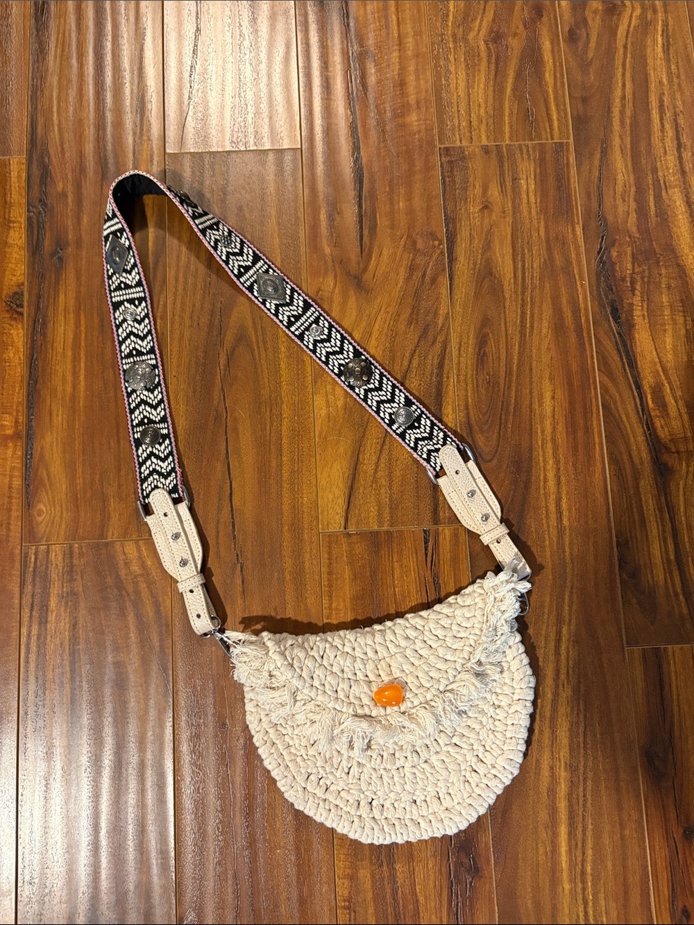 Free People Cream Crochet Crossbody with Black-and-White Woven Strap